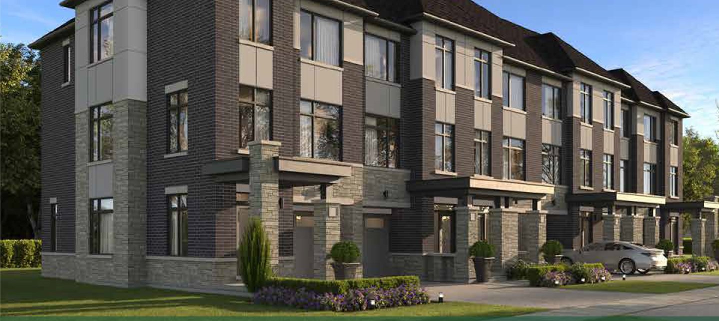 Exterior rendering of 18' three-storey freehold townhomes at Arbor Grove by Royal Pine Homes, Brampton