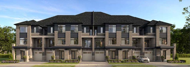 Exterior rendering of 21' three-storey back-to-back urban townhomes at Arbor Grove by Royal Pine Homes, Brampton