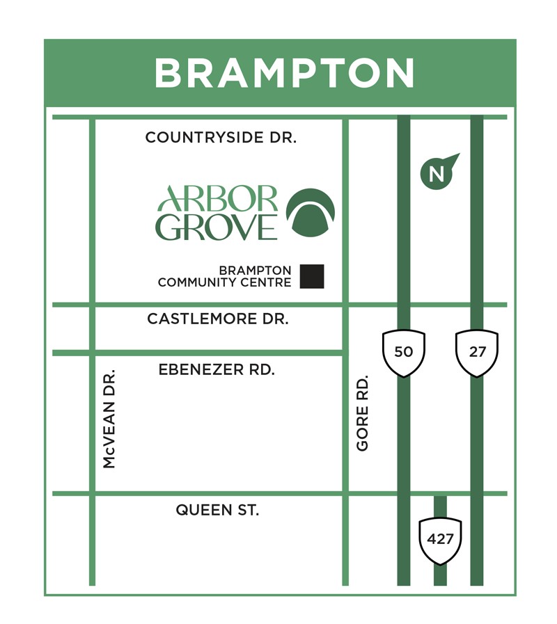 Location map of Arbor Grove by Royal Pine Homes near Castlemore Road and Gore Road, Brampton