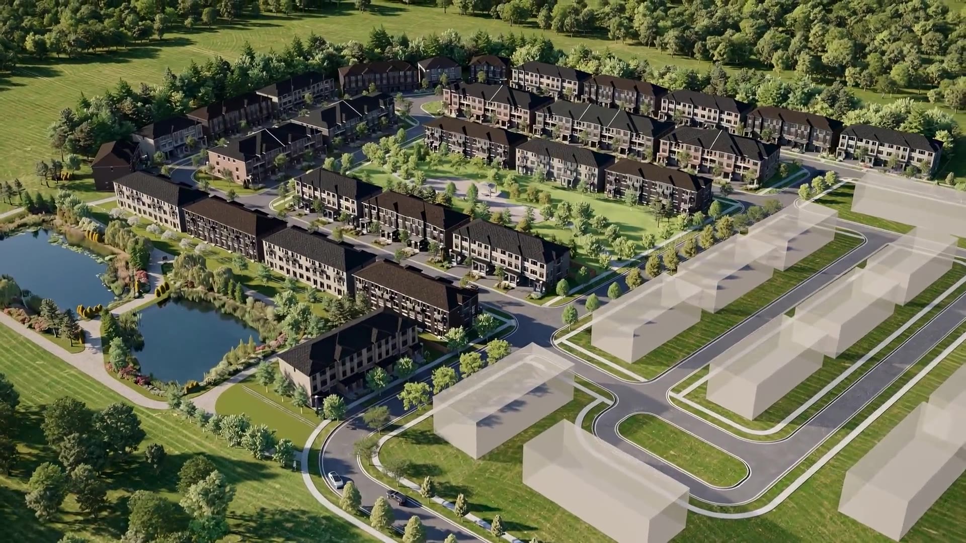 Aerial rendering of Arbor Grove townhome community by Royal Pine Homes, Brampton