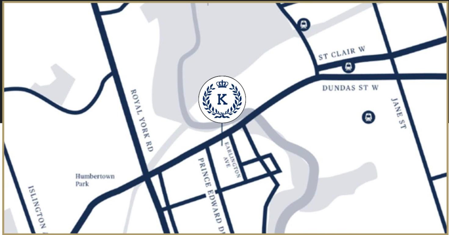 Location map of Earlington Towns near Royal York Road and Dundas Street West, Toronto