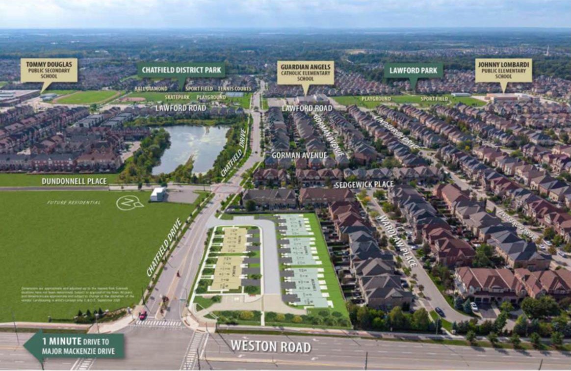 Aerial view of the Valley Brooke Townhomes site with nearby schools and parks, Woodbridge