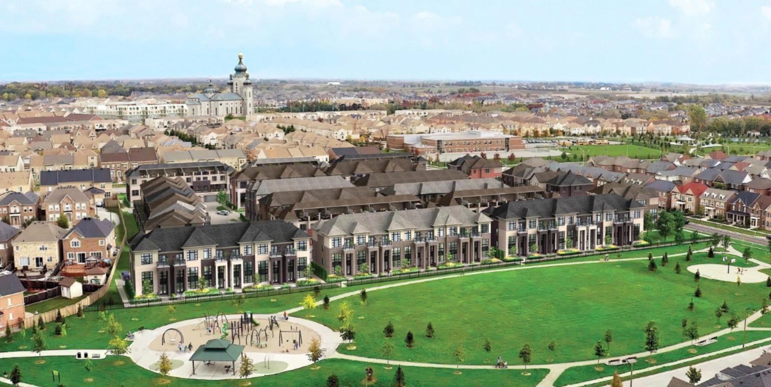 Aerial rendering of Woodbine Parkside townhomes by 95 Developments, Markham